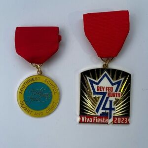 Two (2) Colorful Red Ribbon San Antonio, Texas Fiesta Medal Pins